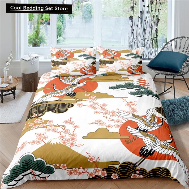 Japanischer Kranich-Bettbezug, King- und Queen-Size-Bettwäscheset mit Wellenblume im Ukiyo-e-Stil, östliche Kultur, 2/3-teilig, Polyester-Bettbezug