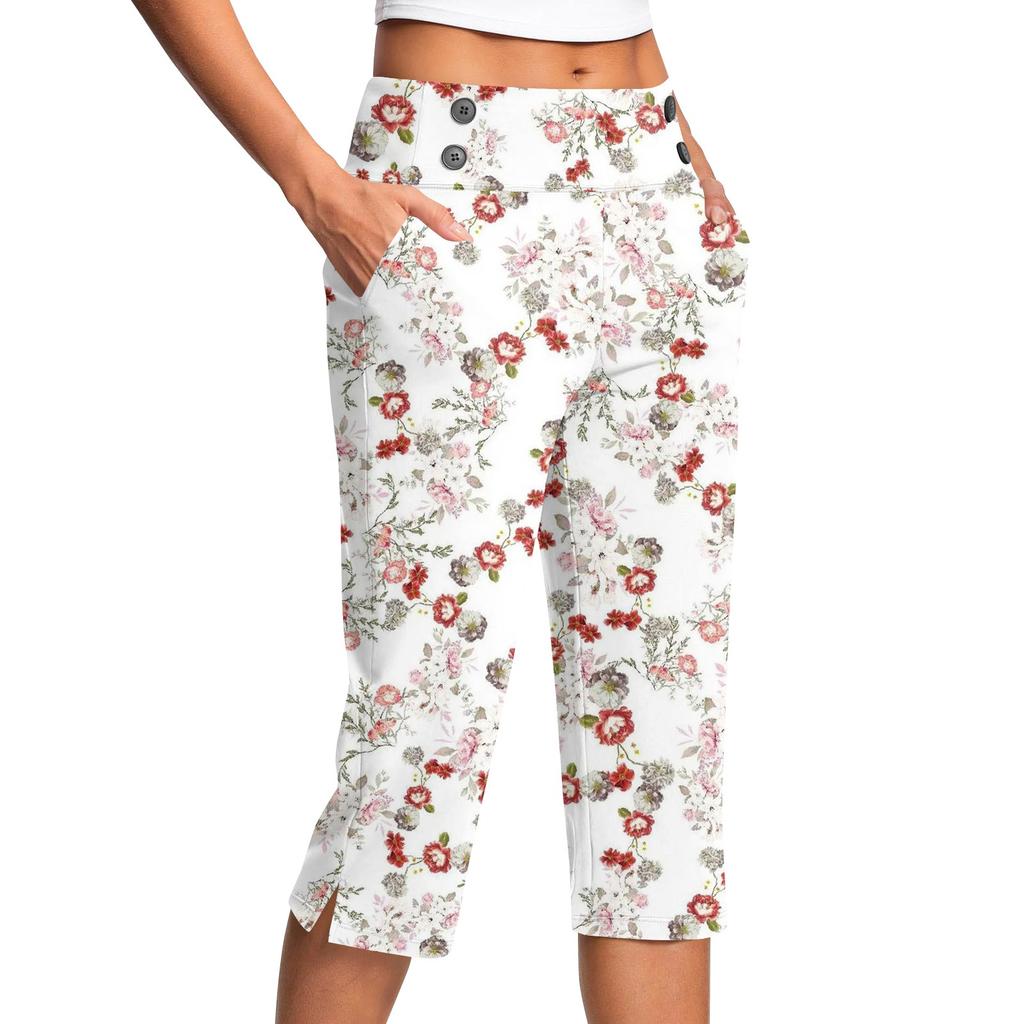 Women's Vintage Floral Print Button Pocket Trousers Slit High Waist Sports Yoga Casual Pants