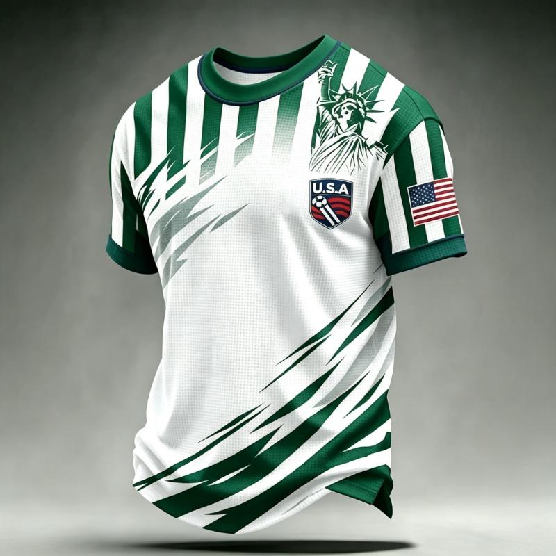 Street‑Style USA Fan Soccer Jersey Red‑White Stripe Splice Print Crew Neck Multi‑Color Unisex Stadium Training Tee