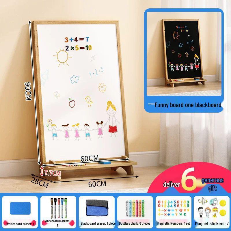 Solid Wood Double-Sided Magnetic Easel: Erasable, Dust-Free Blackboard for Children's Drawing and Writing.