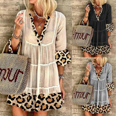 Vestido de algodón y lino con costuras y estampado de leopardo para mujer de moda de otoño