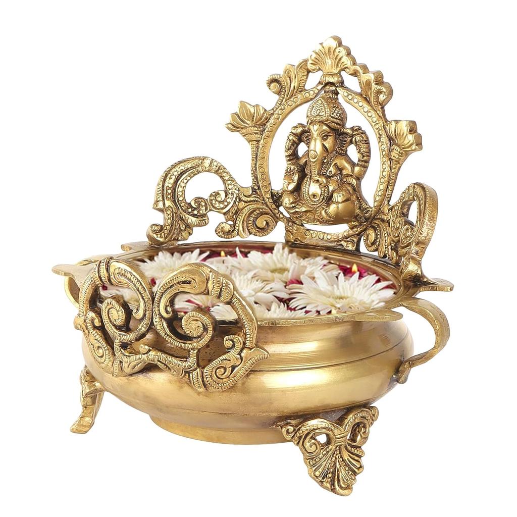 Original Brass Ethnic Carved Ganesha Design Idol Urli Decor Bowl Showpiece, Gold