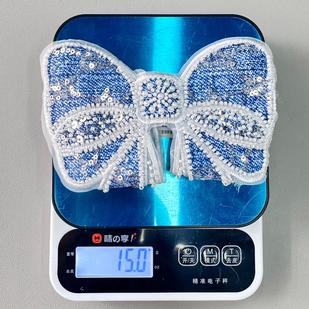 Denim Blue Heavy Industry Handmade Beads Bow Decorative Patch Sticker Bag Hair Accessories Corsage Cloth Sticker Accessories