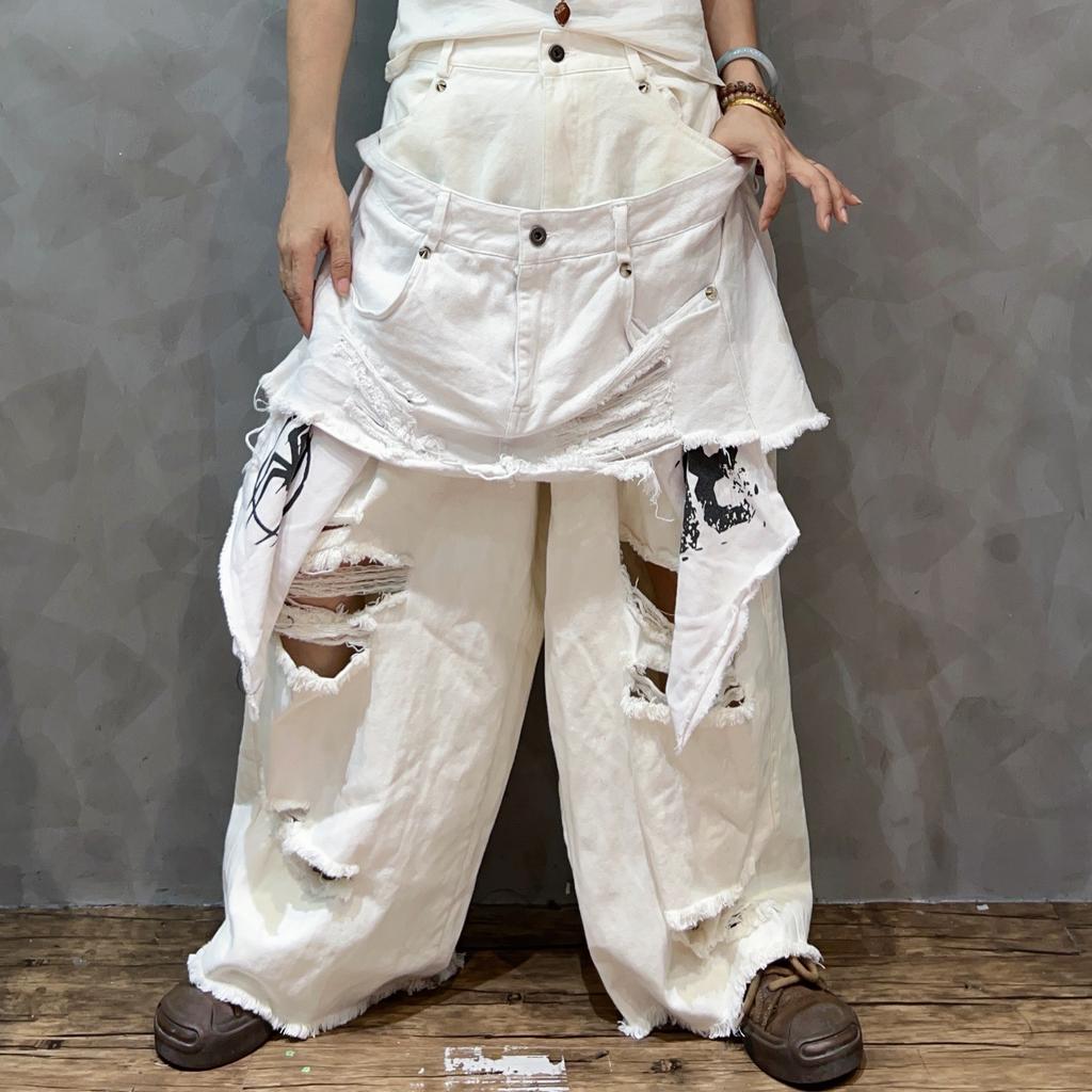 Mode Persönlichkeit Trendig Cool Loch Alt Denim Patchwork Design Sinn Jacke Locker Fake Zweiteiler Weitbeinige Hose Zweiteiliges Set