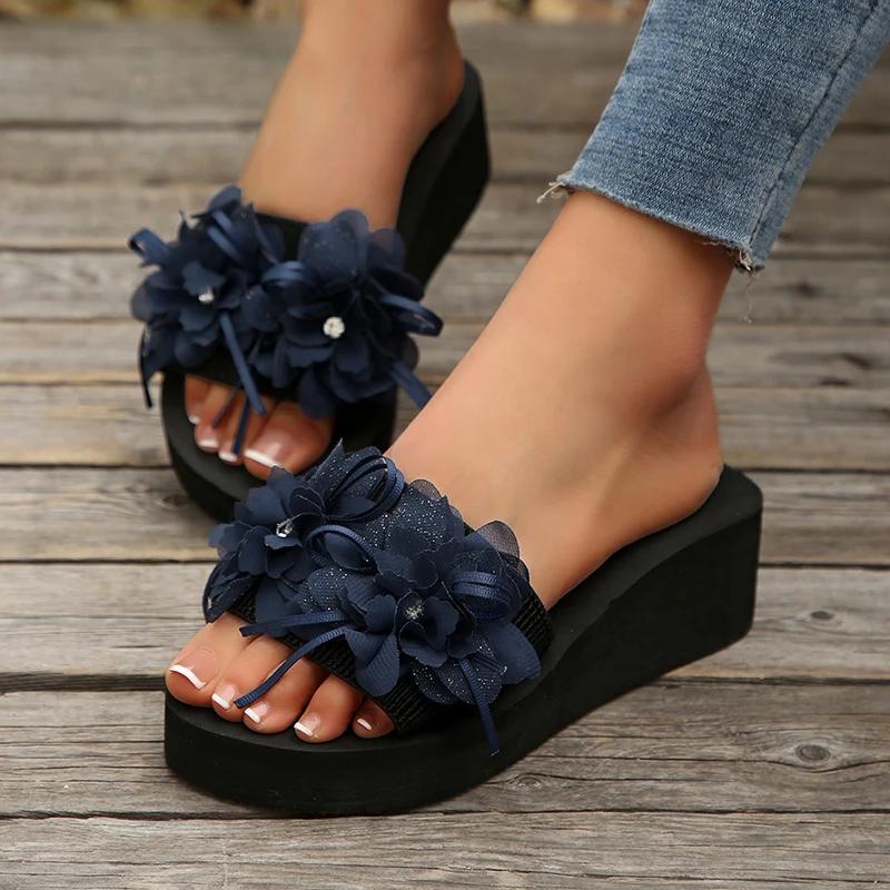 Fashion Fashion Flower Wedges High Heel Home Slippers Women Summer Thick Sole Pull On Shoes Ladies Beach Casual Flat Slippers Mujer