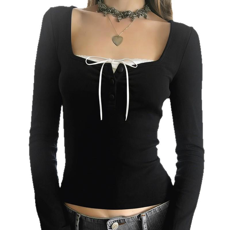 Korean Sweet Style Lace-Trim Two-Piece Long-Sleeve T-Shirt with Bowknot