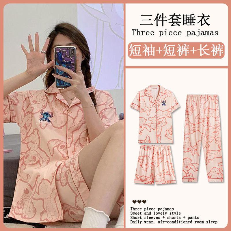 GMXIA Sommermode Pyjama Damen Kurzarm Dreiteiliges Set, Baumwollähnlich Cartoon Student Hauskleidung, Kann Draußen Getragen Werden