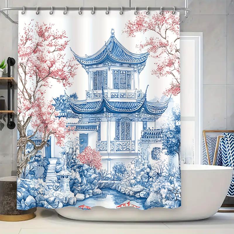

Elegant Blue And White Chinese Garden Shower Curtain With Cherry Blossoms - Artistic Home Decor For Bathroom Complimentary Hook W60H190(CM)-1 Pcs
