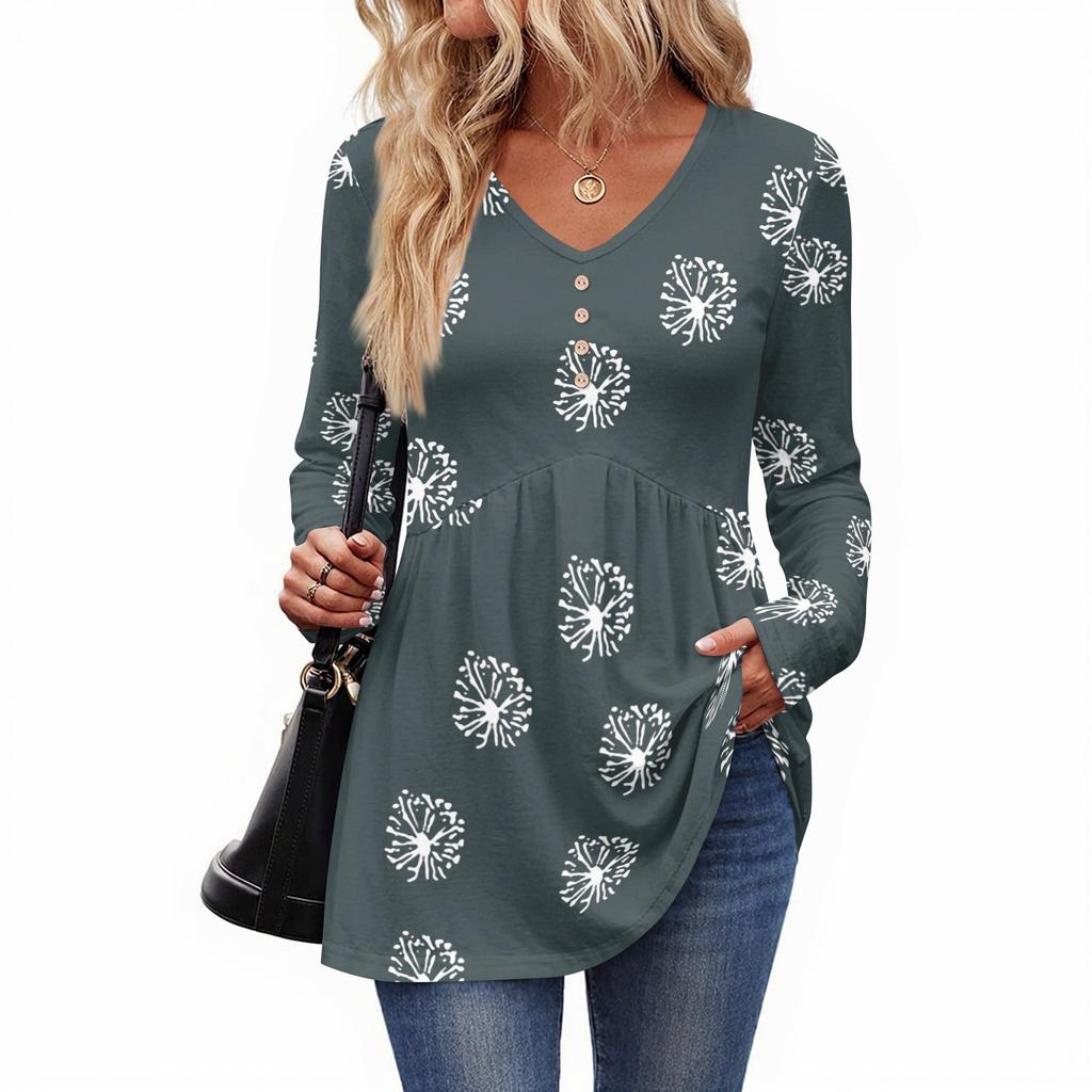 Women's Casual Fashion V-Neck Button Retro Floral Print Long Sleeve Top
