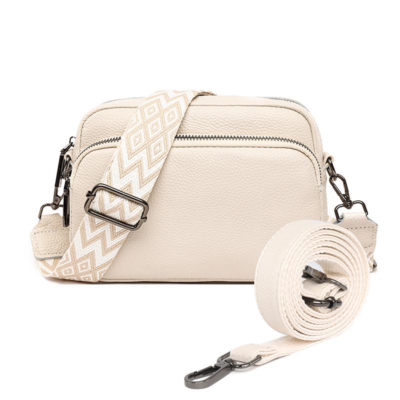 Genuine Leather Multi-Layer Crossbody Bag: Simple Solid Color Lychee Pattern, Versatile Single Shoulder Design for Women