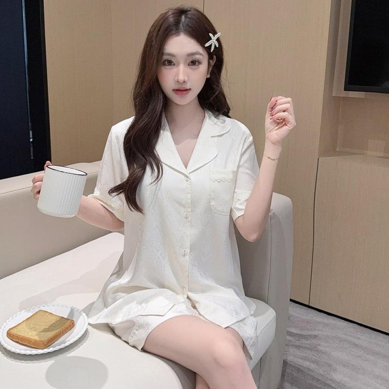 1011 Couple Pajamas Summer Ice Silk Short-sleeved Shorts Cardigan Large Size High-end Jacquard Loungewear Set Outside