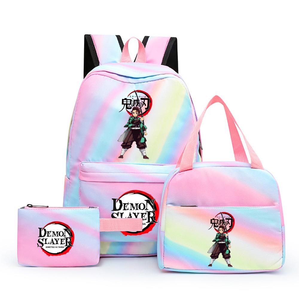 3Pcs/set Cartoon Demon Slayer Printed Backpack with Lunch Bag Pencil Case for Teenager Girl Boy Large Capacity Waterproof Bookbag Gift Mochila