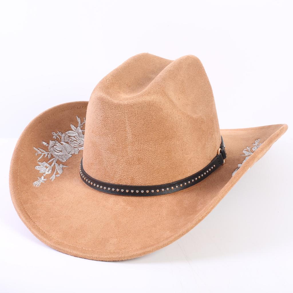 Beliebter europäischer und amerikanischer klassischer Wildleder Western Cowboyhut für Herren und Damen, großer Schirm, bestickt, Outdoor-Sonnenhut