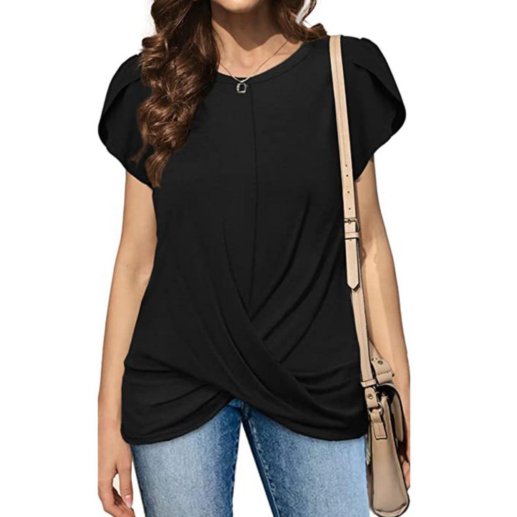 Women's Solid Color Twist Knot Crew Neck Short Sleeve T-Shirt, Popular Casual Top for European American Women Crossborder Fashion