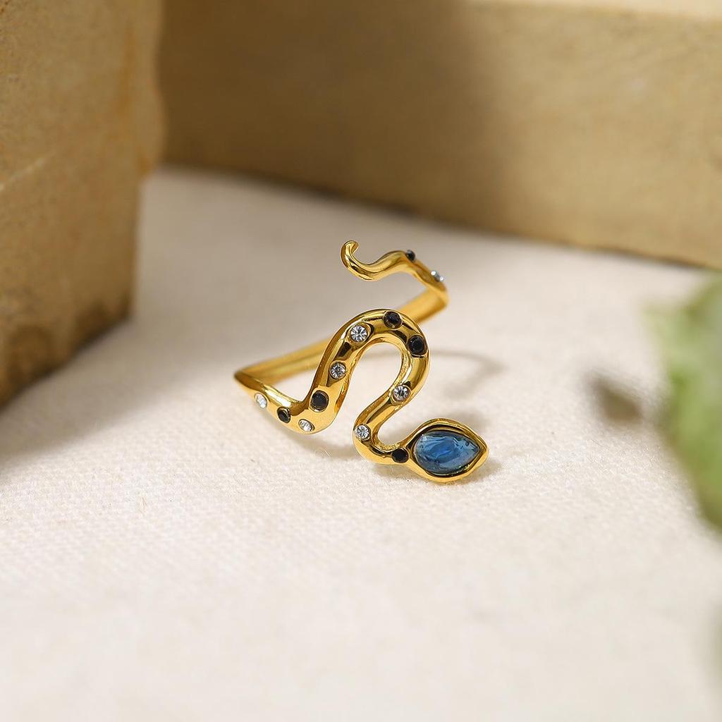 18K Gold Plated French Blue Zircon Snake Ring, Non-Fading Titanium Steel, Adjustable Design