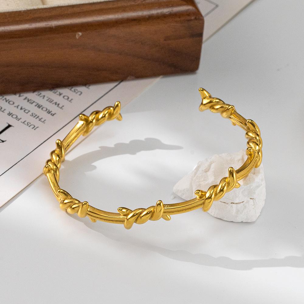 European Stainless Steel Open Cuff Bracelet for Women, Hammer Texture or Thorn Pattern Design, Light Luxury Style.