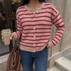 Women Red Striped Long Sleeve Knit Christmas Cardigan Sweater Outerwear