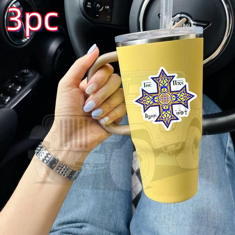 3pcs Coptic Orthodox Cross Featuring Text on a Blue Vinyl Bumper Sticker Suitable for Cars, Vans, Suvs, Walls, Boats, Tumblers, Laptops,