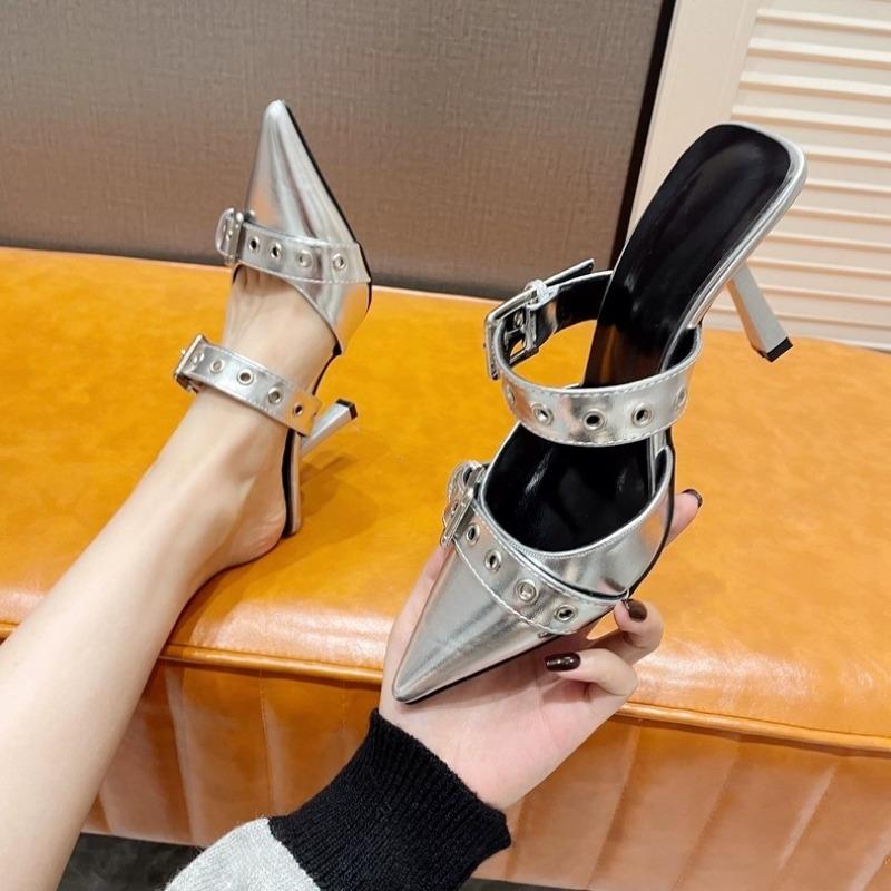 Fashion Fine Heel Sandals Spring New Pointed Head Shallow Mouth Rivet Metal Buckle Set Foot Non-slip High Heel Slippers