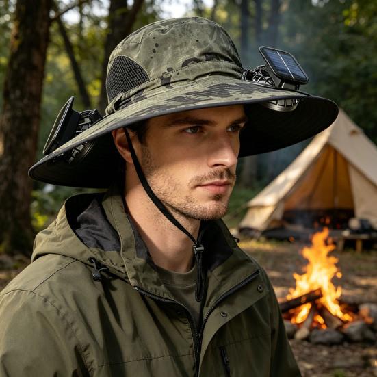Men Hat Summer Outdoor Mountaineering Fishing Anti-UV Sun Hat with USB Solar Charging Built-in Fan Three Speed Settings Hiking Cooling Hat