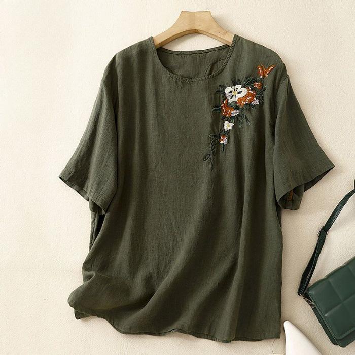 Cotton Short-sleeved T-shirt for Women's Summer Clothes Thin Ethnic Style Embroidered Round Neck Top Loose Pullover Retro Slim