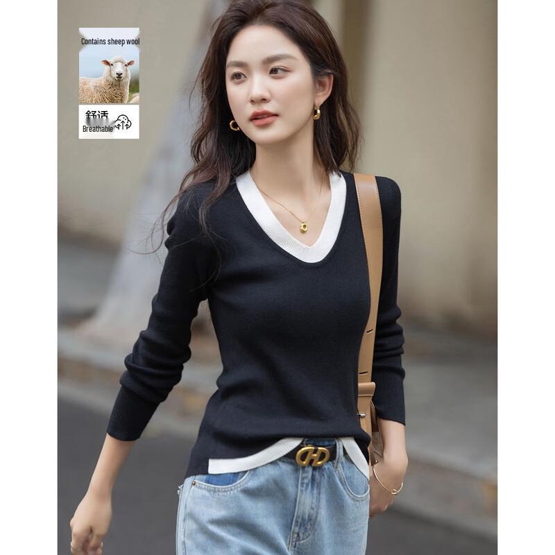 Женский вязаный свитер Demana с V-образным вырезом, цветовыми блоками, имитирующий двухпредметный, из смеси шерсти мериноса S