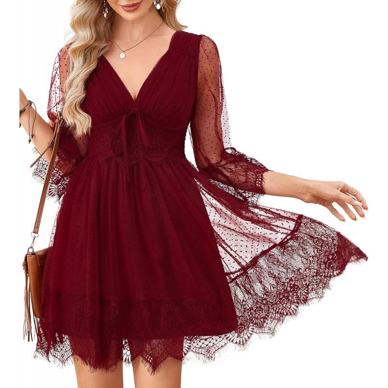 2026 summer lace premium temperament loose lazy splicing deep V-neck pleated dress