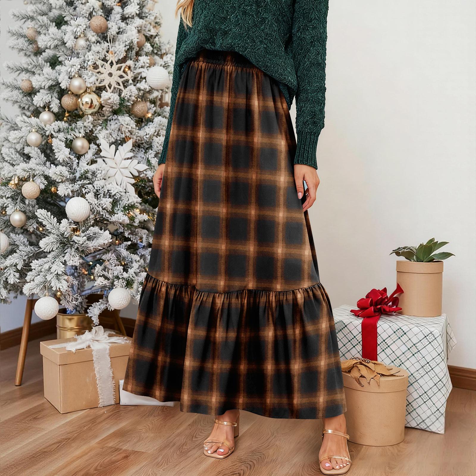 Женская повседневная длинная юбка с оборками Клетчатая юбка Ретро плиссированная юбка M коричневый