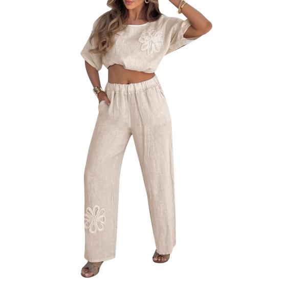 Women's Cotton Linen Two-Piece Outfit Short Sleeve Crew Neck Top And Wide Leg Pants Set Floral Embroidery Casual Lounge Tracksuit