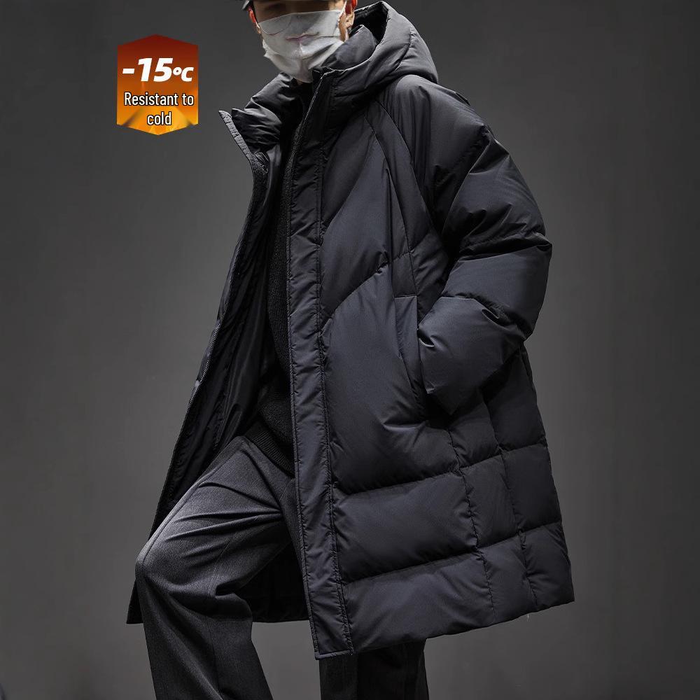Herren Winter Mittellange Kapuzen Daunenjacke - High-End, Dick, Warm, 90% Weiße Entendaunen