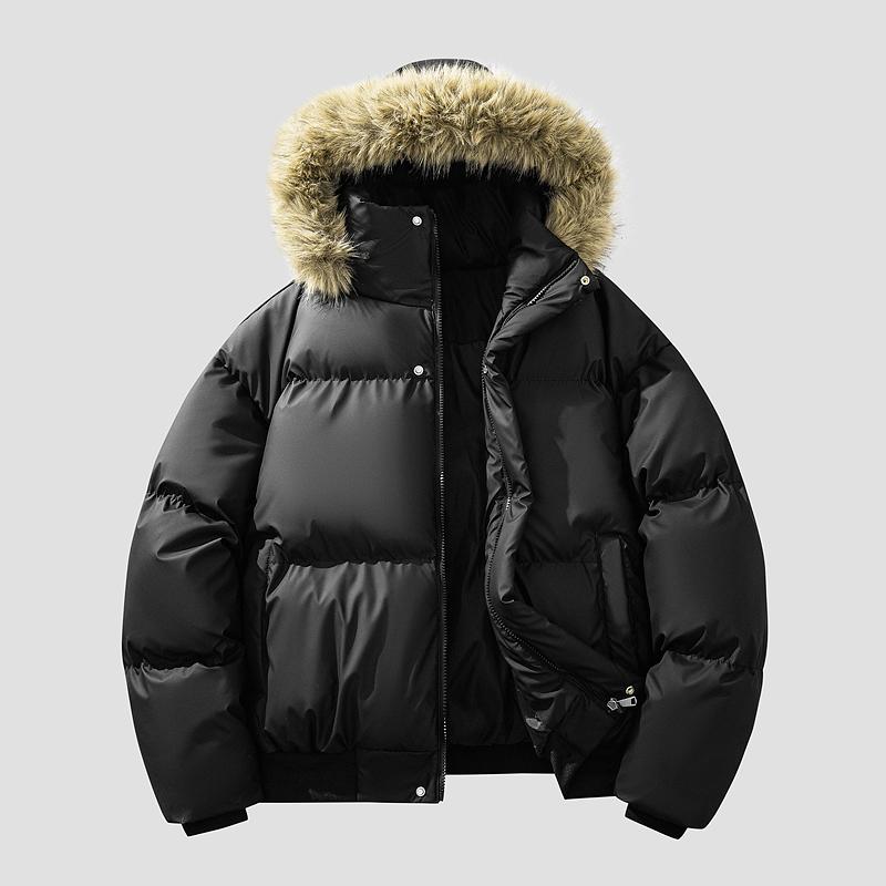 Осенне-зимняя простая и теплая мужская высококачественная шапка с капюшоном, съемное сиденье, резная меховая кожа, хлопковая одежда, хлопковая куртка M чёрный
