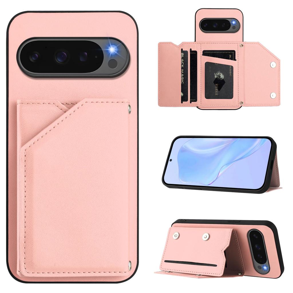 For Google Pixel 10 Pro XL Case Card Holder Kickstand Skin-Touch Phone Cover with Wrist Strap