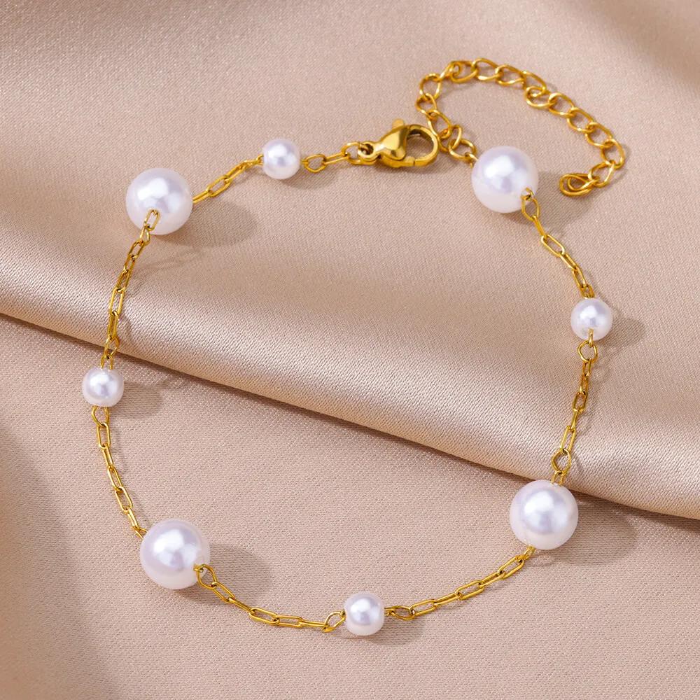 20+5cm Anklets for Women Stainless Steel Shell Starfish Imitation Pearl Leg Bracelets Gold Color Beach Summer Bodychain Jewelry