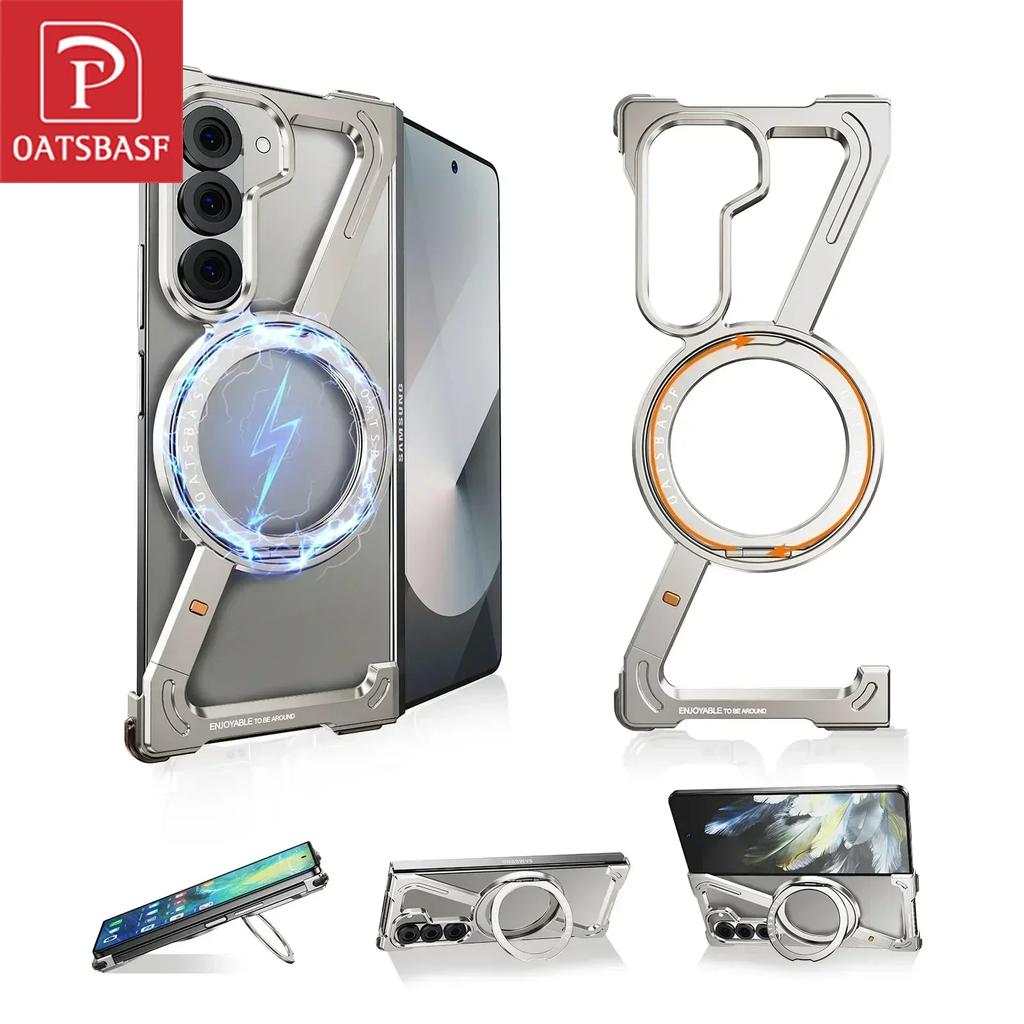 Oatsbasf Phone Case for Samsung Galaxy Z Fold 7 6 5 Metal Magnetic Phone Case with Ring Stand Frameless Bumper Protective Cover