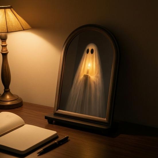Indoor Halloween Ornament Light Up Ghost Mirror, Holding Candle on Spooky Gothic Interior Accents Decorations for Wall Table Mantel Room Home