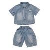 2026 Boys' Summer Silent Fashion Denim Short-Sleeve Shirt and Tie Two-Piece Set