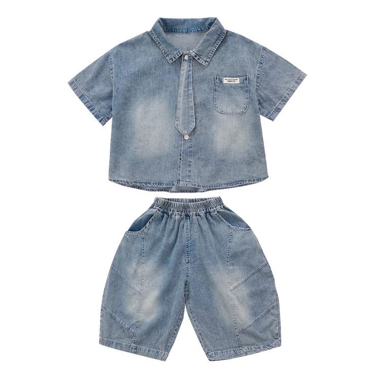 2026 Boys' Summer Silent Fashion Denim Short-Sleeve Shirt and Tie Two-Piece Set