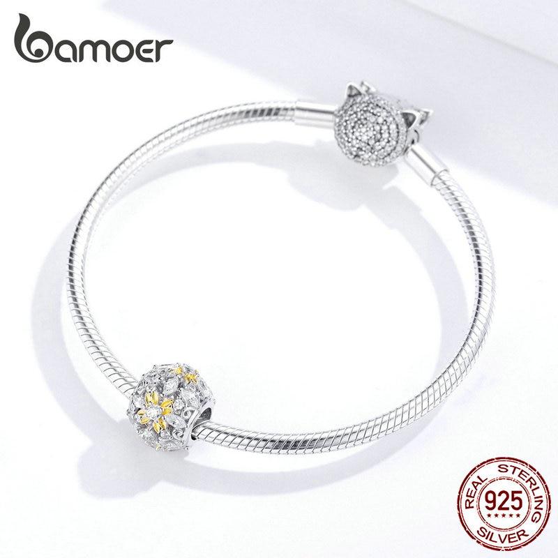 BAMOER Enamel Flower Openwork Round Beads for Women Charm Silver 925 Jewelry Fit 3mmm Snake Bracelet