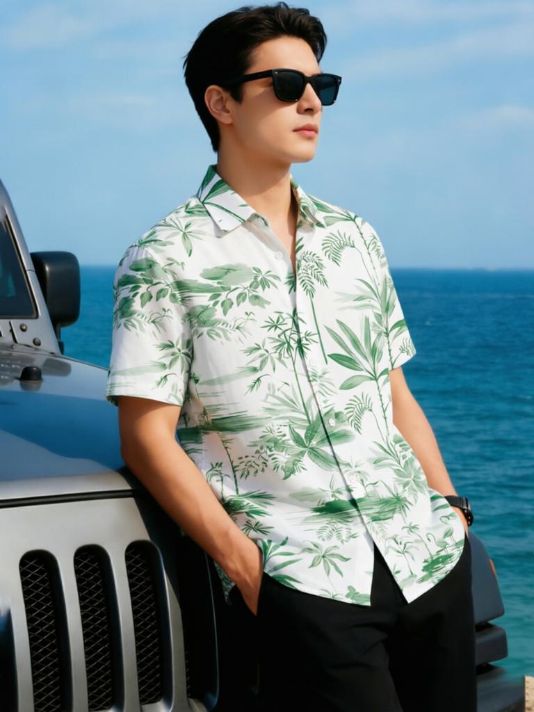 Digital Print - Men'S Short Sleeve Shirt 2026 New Style, Fashionable Trendy Short Sleeve Top, Blue And White Tropical Plant Pattern, Stylish And