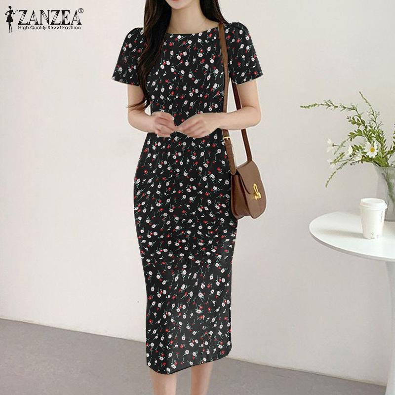 

ZANZEA Женское повседневное летнее платье с круглым вырезом и коротким рукавом с цветочным принтом