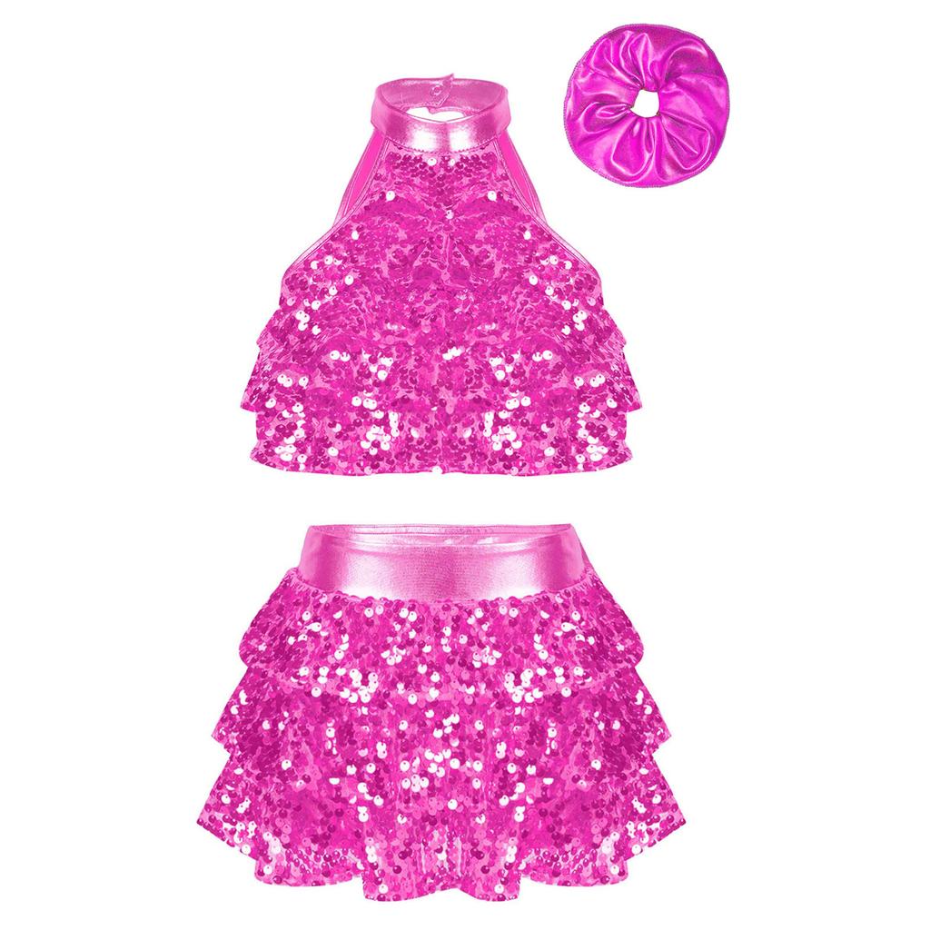 Kids Girls Sparkly Dance Outfit Mock Neck Crop Top Ruffle Culottes with Glitter Hair Band for Competitions