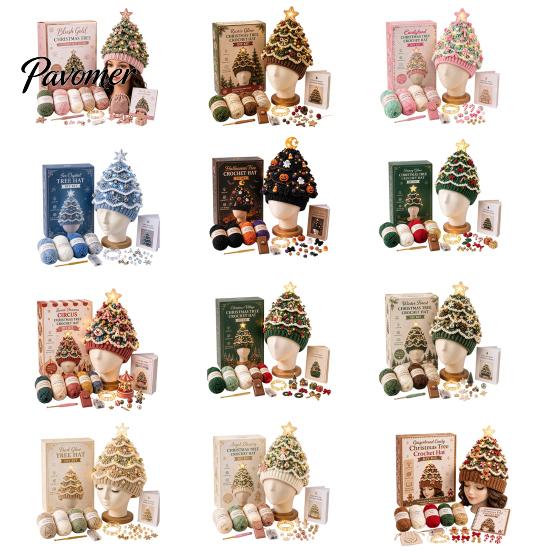 Parent Child Interaction Craft Christmas Tree Crochet Hat DIY Kit, Beginner-Friendly Light-Up Handmade Gift for Friends Complete Kit with Yarn, Tools,