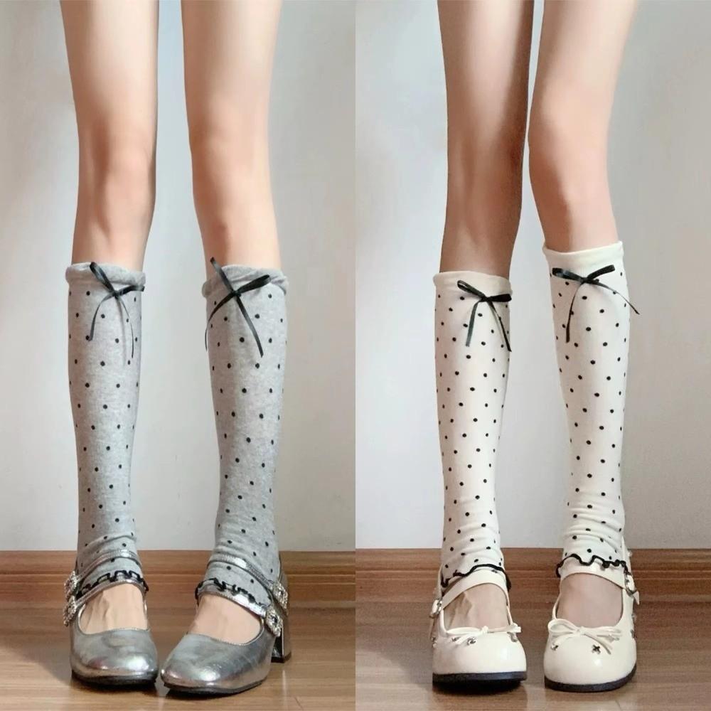 Knit Bow Ruffled Calf Socks Ruffled Trim Stackable Dress Socks Kawaii Kawaii Calf Socks  For Women
