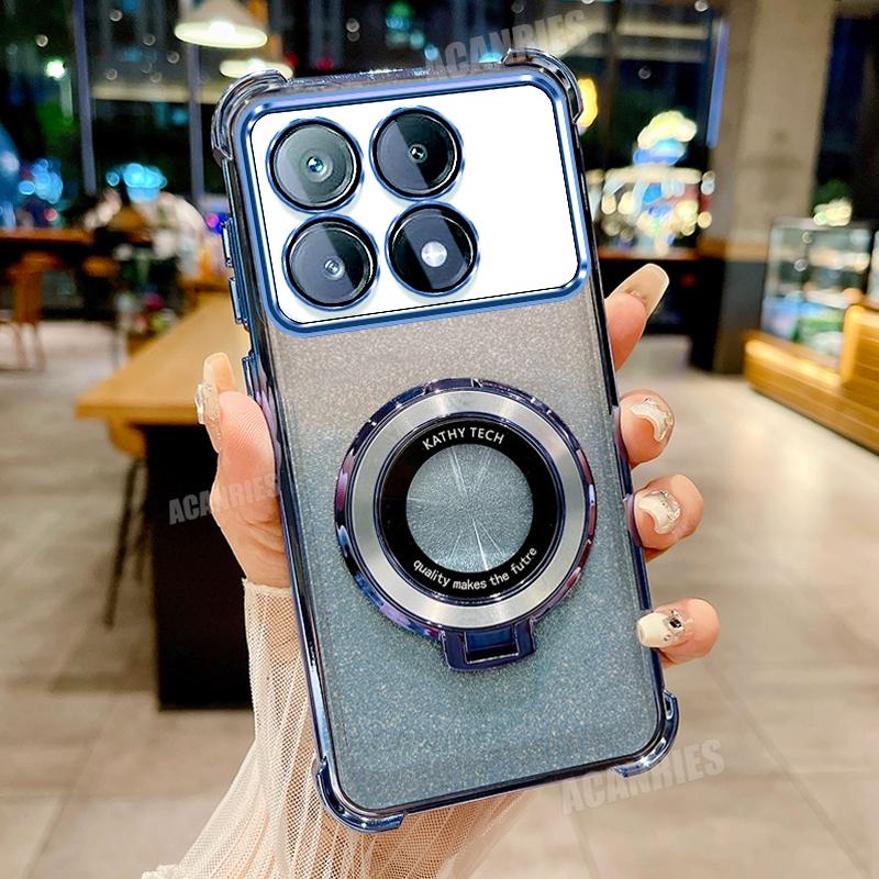 Pocox6pro Luxury Plating Holder Case On For Xiaomi Mi Poco X6 M6 F6 Pro X6pro 5g F6pro Shockproof Protect Silicone Stand Cover