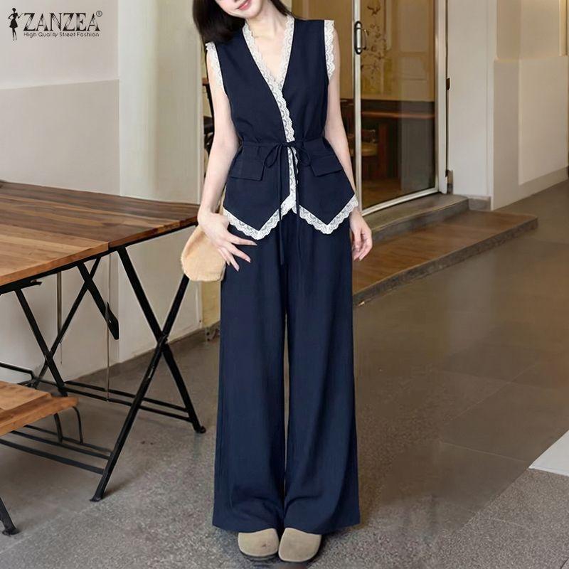ZANZEA Women Sleeveless Lace Vest Tops and Pants Summer Two Piece Suit Sets