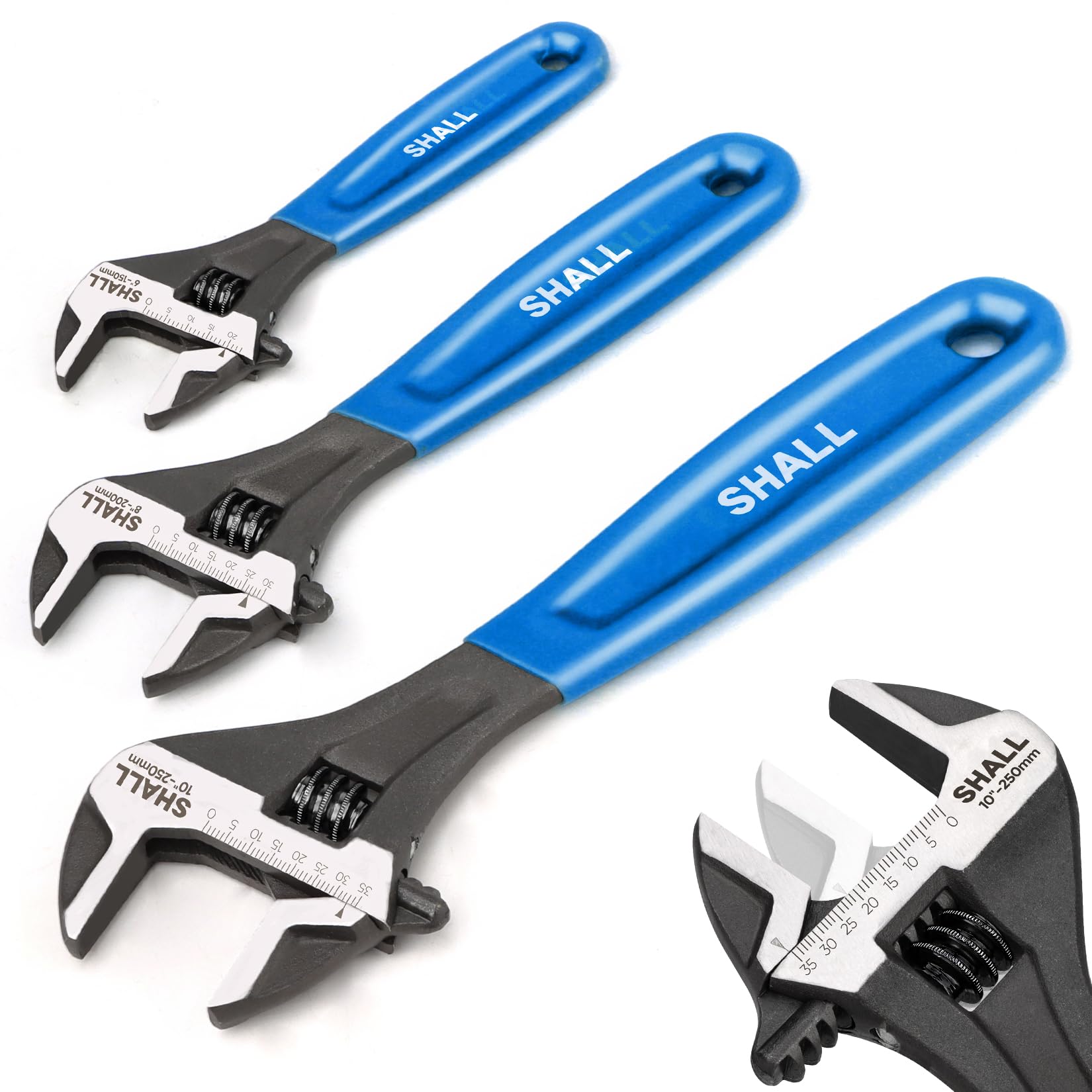 

SHALL Adjustable Wrench Set with Rubber and 250mm Steel Wrenches with SAE for and Workshop Use 3-Piece Mat, 150, 200, Cr-V Laser-Etched Scale, Home, темно-синий