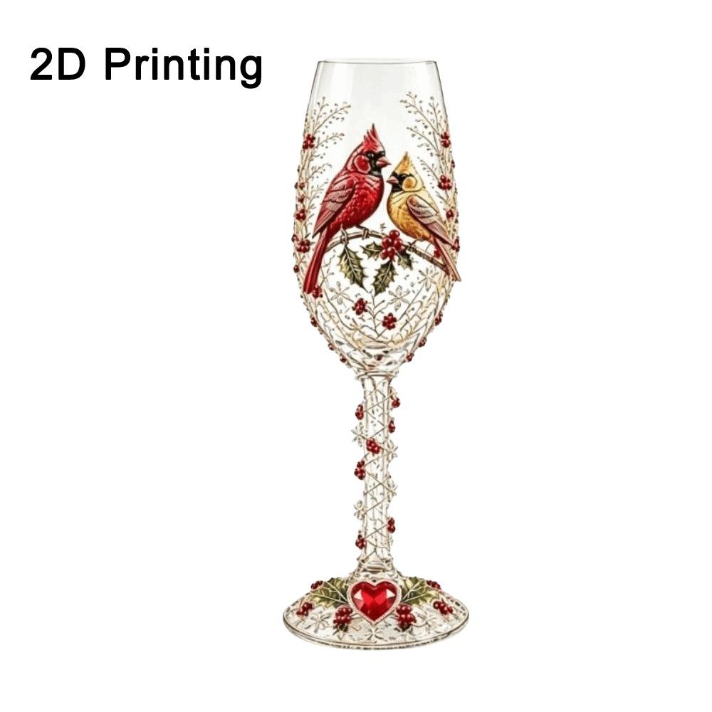2D Printing Pattern Christmas Wine Glass Red Berries Xmas Bird Cup Bird Glass Goblet Party