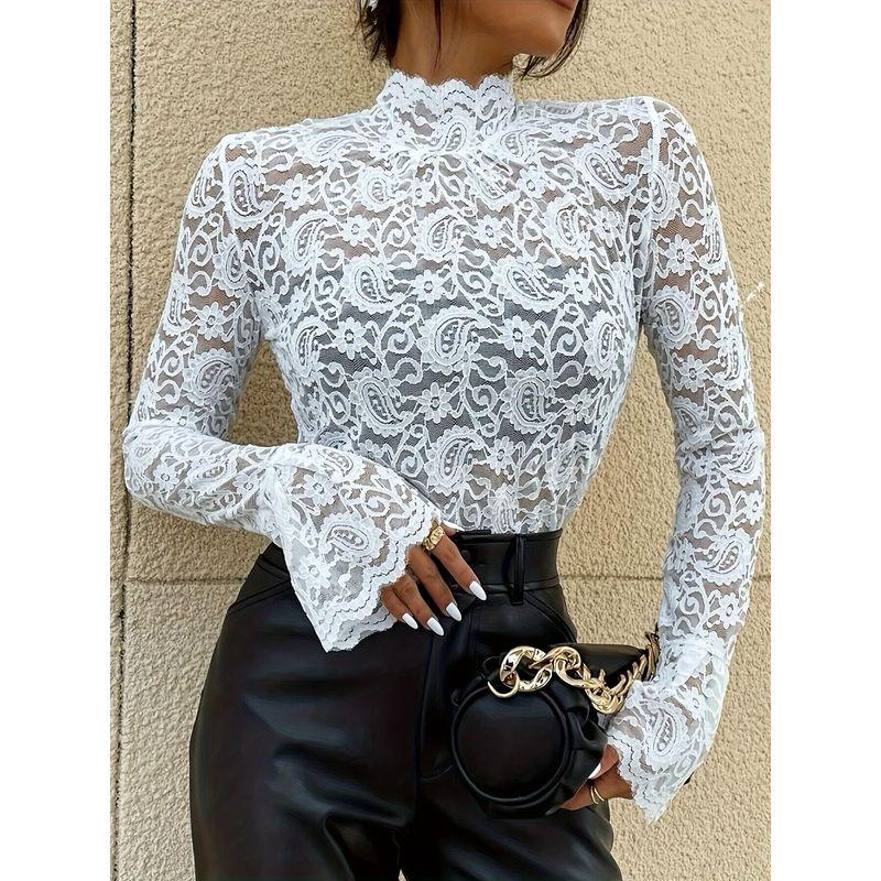 European and American Cross-Border 2026 New Style Sexy Paisley Lace Slim Fit Flared Sleeve Top for Women
