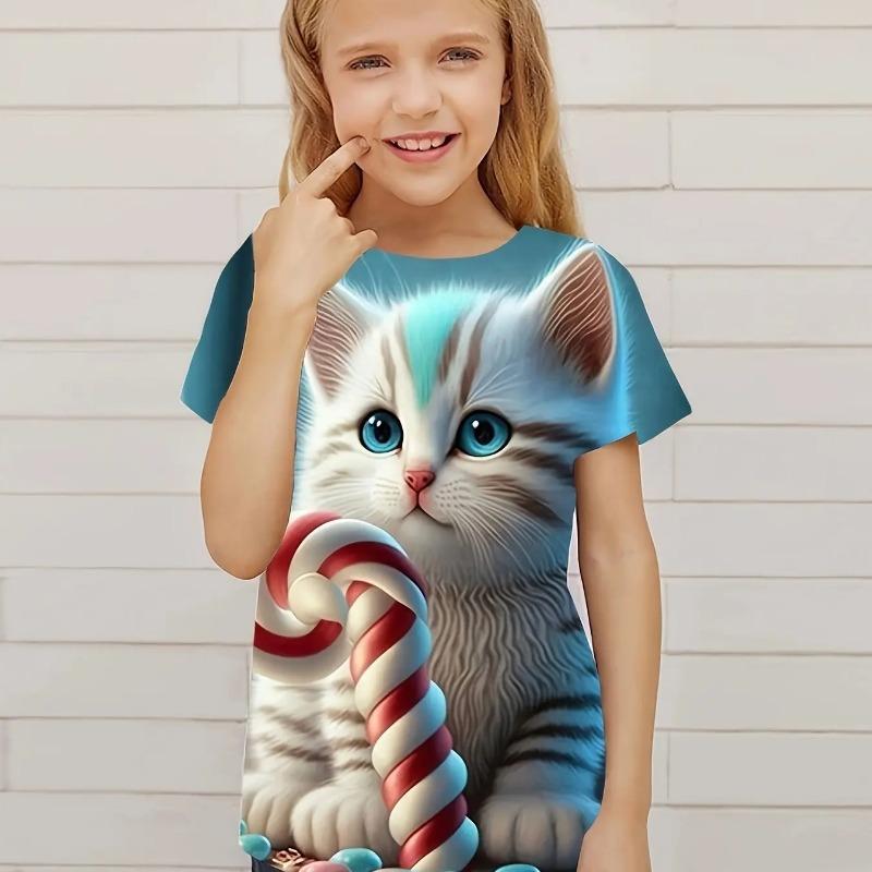 

Детская одежда Милый 3D Кот Графический принт Топы с коротким рукавом Детская одежда Футболка Повседневный свитер для детей Мальчики Девочки Лето 110