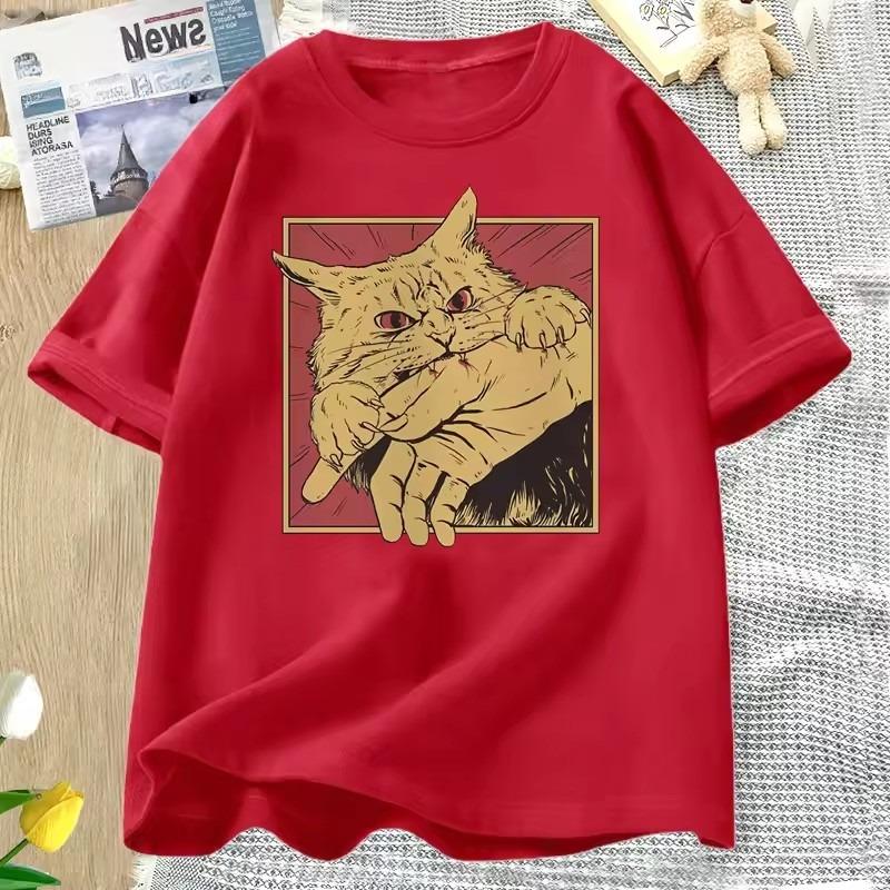 Vintage Cat Bite Cotton T Shirt Japanese Horror Retro Graphic Tee Horror Cats Crazy T Shirts Men Women Fashion Short Sleeve Tees